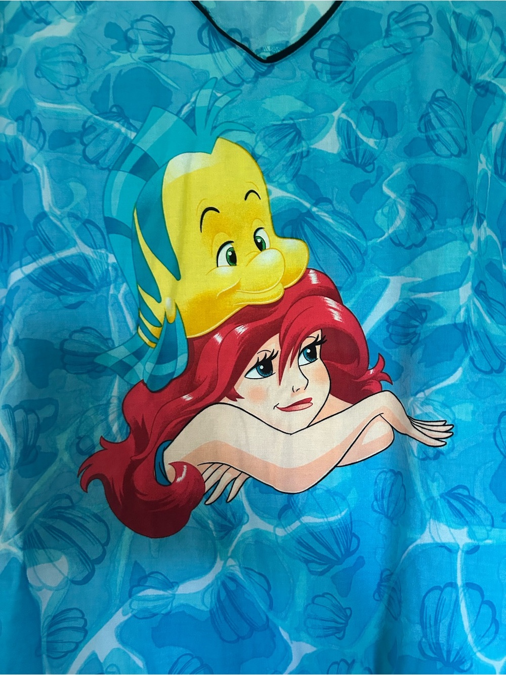 Disney Woman’s Scrub Top - Blue with Ariel & Flounder Graphic